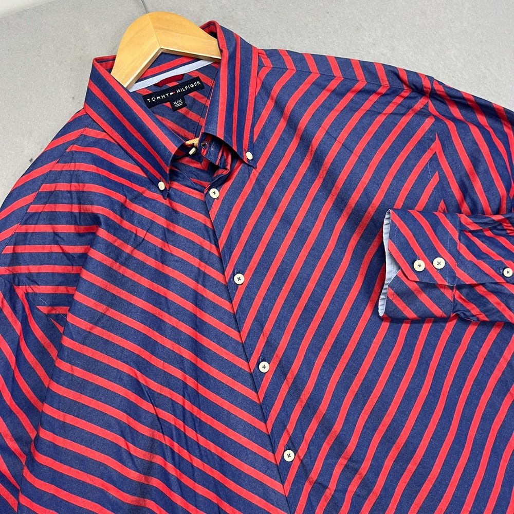 Tommy Hilfiger Mens‎ XL Button Down Shirt Red Navy Blue Diagonal Striped Cotton